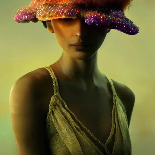 Image similar to a close - up shot of a brown woman wearing a luminous armor made of neon jelly fishes. jellyfish cap. soft lighting. fragile. haunting eyes!! coherent face!! no makeup!! muted colors. by ray caesar. by louise dahl - wolfe. by andrea kowch. surreal photography