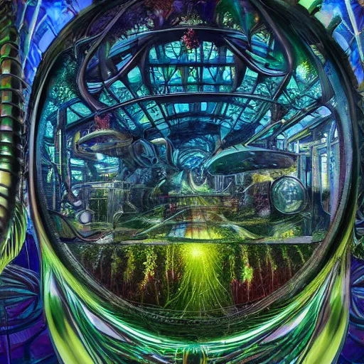 Prompt: a cinematic view of the inside of a fractal combustion engine, large indoor greenhouse with exotic plants, retrofuturism, scifi art, oil on canvas, biodome, stars in the sky above