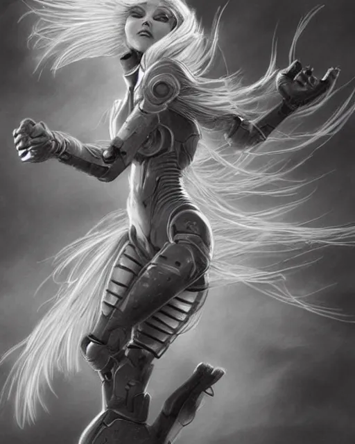 Image similar to pencil drawing of beautiful cat - robo woman goddess, beautiful blonde hair flying in the wind, hyper realistic face, in the style of greg rutkowski, fantasy, amazing detail, epic, elegant, smooth, sharp focus, from the front