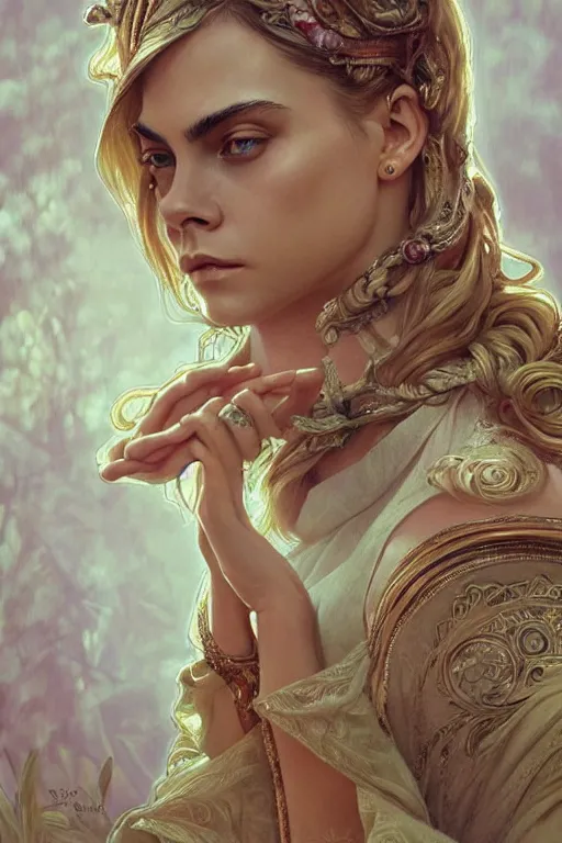 Prompt: ultra realistic illustration, a stunningly beautiful cara delevigne praying, intricate, elegant, highly detailed, digital painting, artstation, concept art, smooth, sharp focus, illustration, art by artgerm and greg rutkowski and alphonse mucha