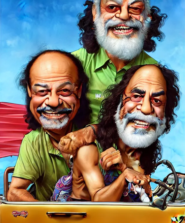 Image similar to Caricatures of Cheech Marin and Tommy Chong, riding in a children's jeep along cocoa beach front, Miami. fun, funny, highly detailed, digital painting, artstation, concept art, smooth, sharp focus, illustration, art by artgerm and greg rutkowski and alphonse mucha