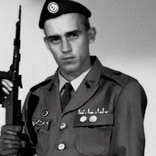 Image similar to jordan peterson holding an ak - 4 7 in military uniform, military photo, vietnam war