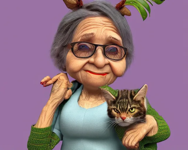 Image similar to detailed cartoon portrait of an old lady and her plant cat, pixar, sharp high quality 3d render