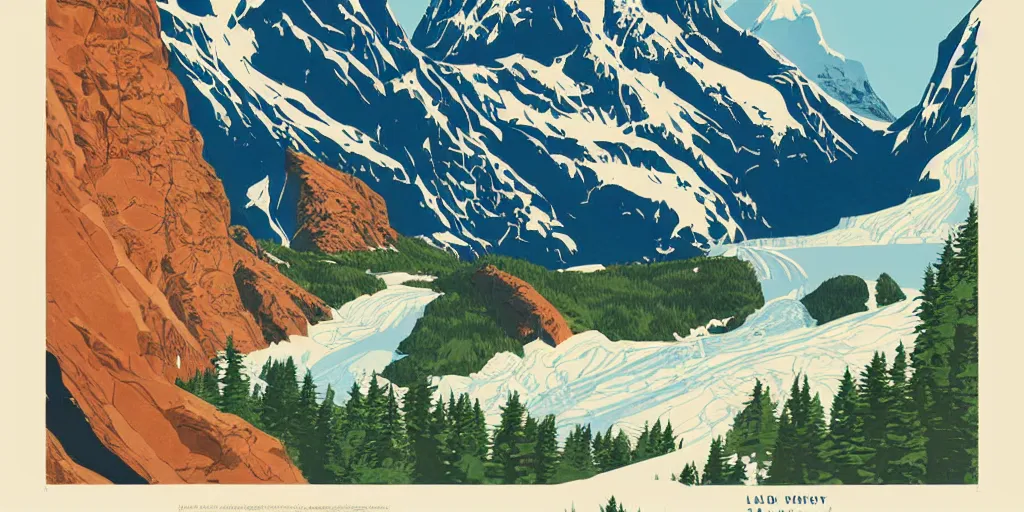 Image similar to beautiful idyllic poster illustration for a craggy ice glacier valley national park by ludwig hohlwein, ludwig hohlwein, graphic, clean bold design