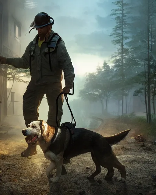 Image similar to working dog, hyper realism, cinematic, volumetric lighting, dramatic ambient lighting, epic composition, high detail, octane render, unreal engine, 8 k, professional photo, photorealistic, intricate complexity, extremely detailed,