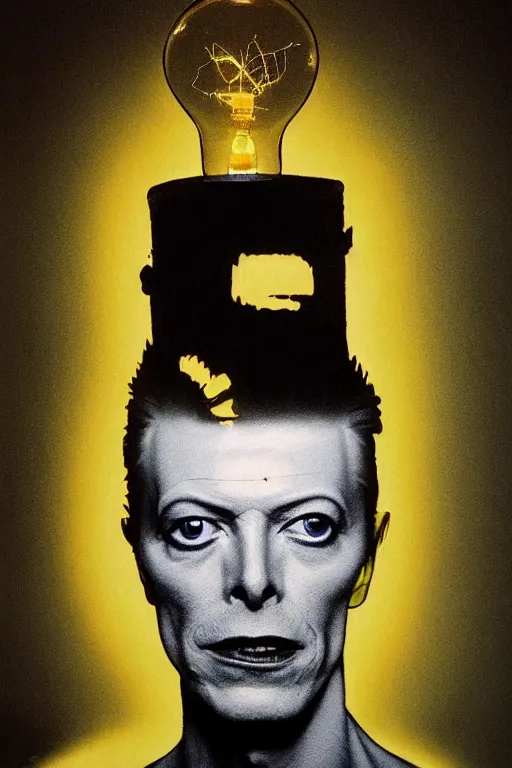 Image similar to portrait of david bowie's head inside an upside down light bulb, kintsugi, modern fine art, fractal, intricate, elegant, highly detailed, digital photography, subsurface scattering, by banksy and basquiat and greg rutkowski,