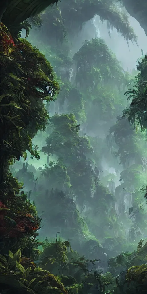 Prompt: Intricate detailed illustration, An oriental rainforest with elemental golems , cinematic lighting, dota 2, wide angle, volumetric light scattering, 8k, artstation, concept art,