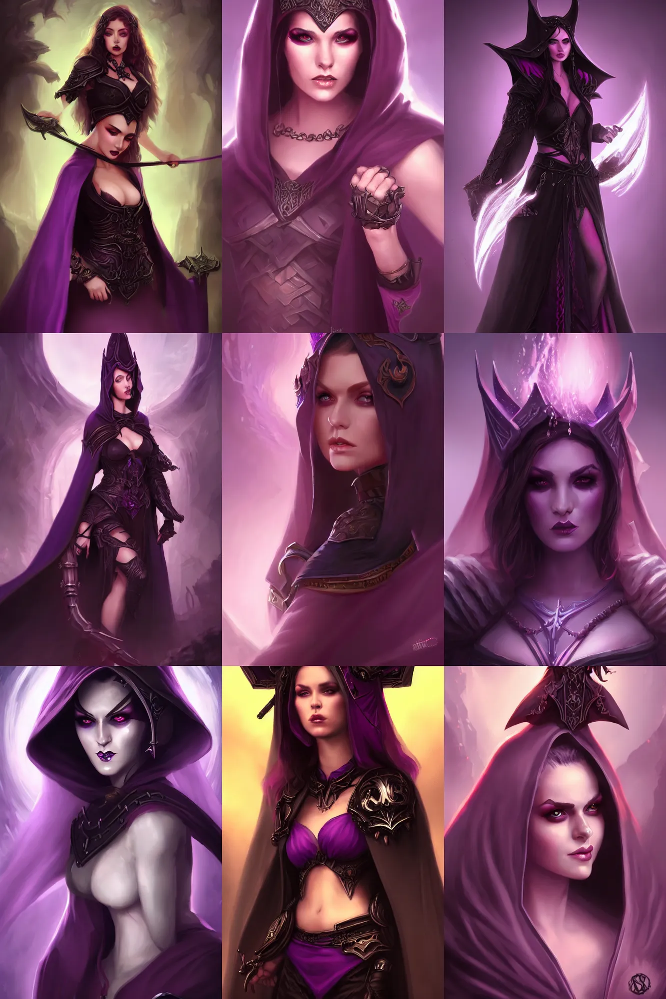 Prompt: Fantasy portrait, Necromancer, female, dark garments, dark pruple robes, midriff, Black cloak from neck to ankles, pin-up, matte painting, artstation