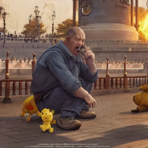 Image similar to screaming winnie the pooh protester sitting in front of 5 9 式 at tiananman square, dystopian, highly detailed, photorealistic, octane render, 8 k, unreal engine. art by artgerm and greg rutkowski and alphonse mucha