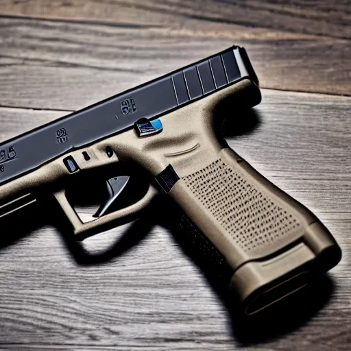 Image similar to a medium shot photograph of a glock 18 on a wooden background