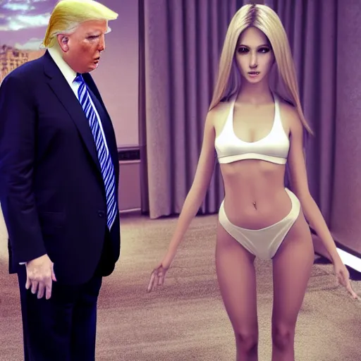 Prompt: Donald Trump with uwu girl body, realistic artstyle, wide shot, dramatic lighting, octane render, hyperrealistic, high quality, highly detailed, HD, beautiful, cinematic, 8k, unreal engine, facial accuracy, symmetrical