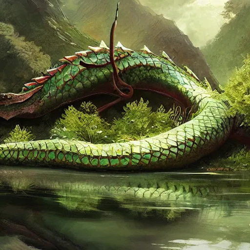 Prompt: Green Dragon, resting at a pond, underground, mountainous area, trees in the background, oil painting, by Fernanda Suarez and Greg Rutkowski