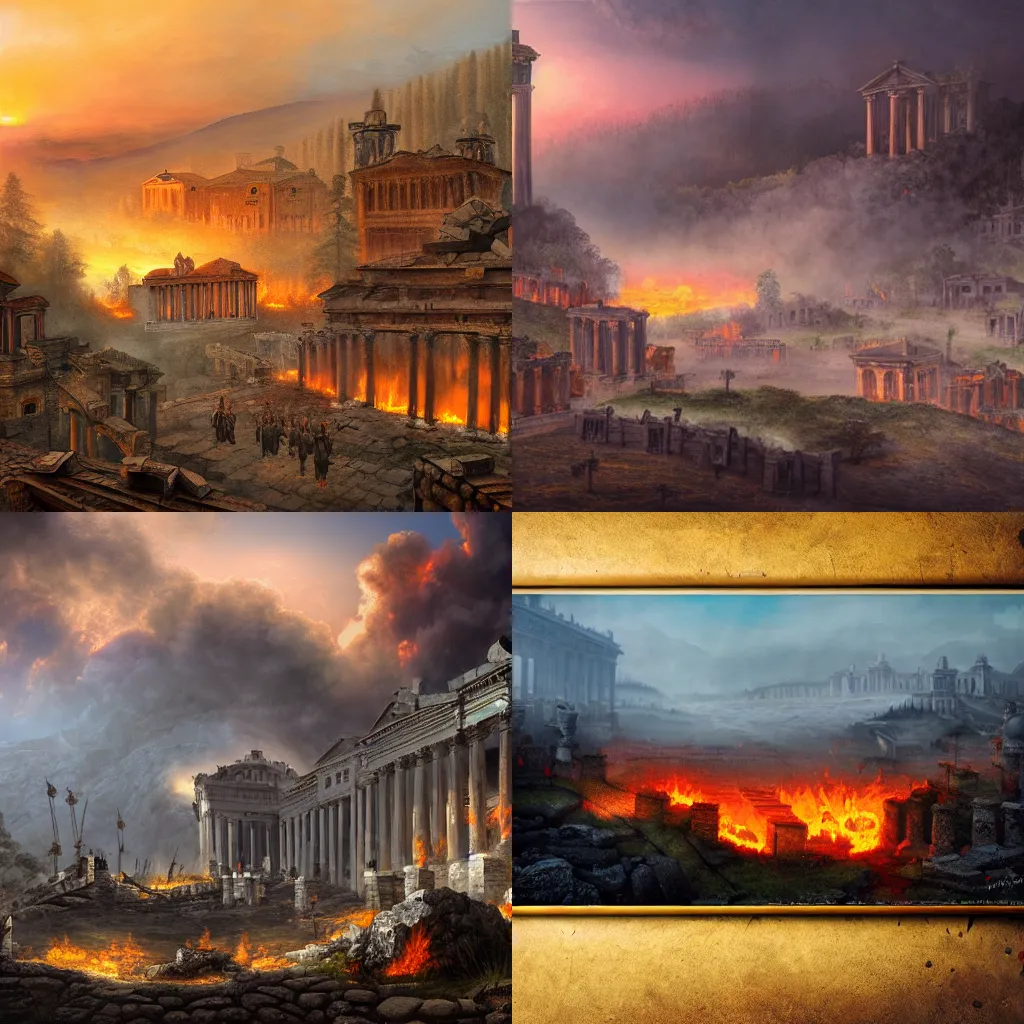 Prompt: ancient burning roman city on top of a misty, dark mountain during an invasion of armed skeletons, misty grey forest in the background, ultra realistic painting, high detail, color rich, realistic colors, sunset, wide angle,