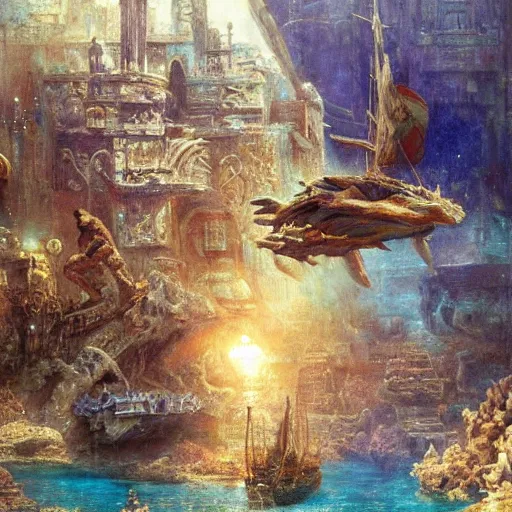 Prompt: underwater city, under the sea, ancient greece, blue glow highly detailed painting by gaston bussiere, craig mullins, j. c. leyendecker 8 k