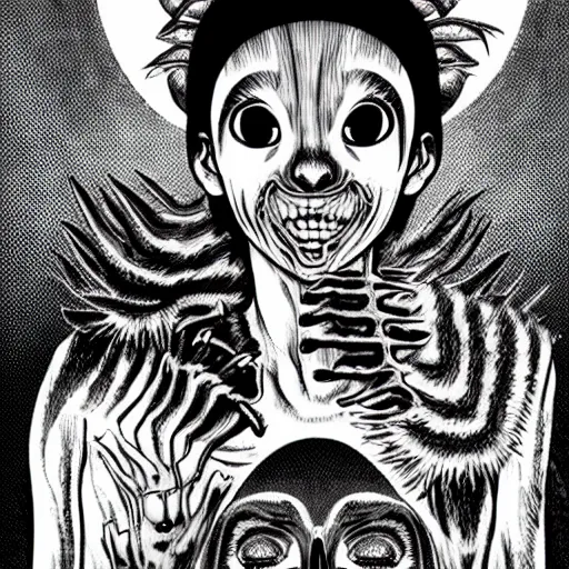 Image similar to black and white illustration creative design, raccoon, junji ito, body horror