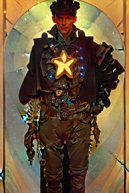 Image similar to a steampunk male holding a star, muscular, tarot art, futurism, painting by greg rutkowski, alphonse mucha