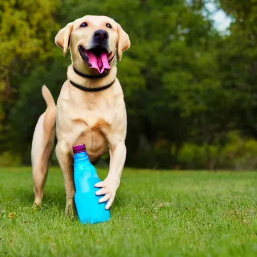 Prompt: photo realistic Labrador retriever carrying a bottle in his mouth