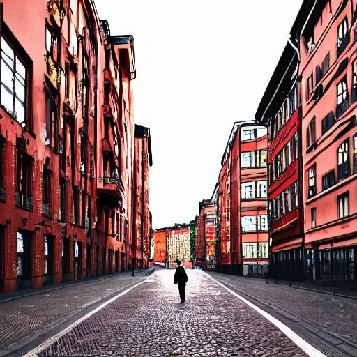 Prompt: a man walking down a deserted post-acolyptic street in södermalm stockholm, digital art hq