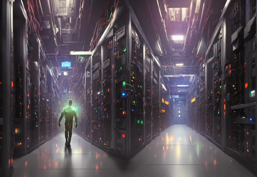 Image similar to shot of film cyborg walking in detailed server room in data center, character design, vivid color, complementary color, detailed, high quality, correct composision, correct perspective, trending on artstation, volumetric lighting, dramatic lighting by yoichi hatakenaka, cyberpunk art by asher brown durand
