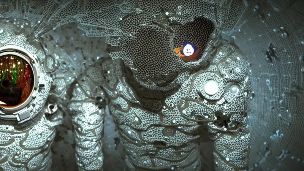 Image similar to a astronaut eva suit covered in diamond 3d fractal lace iridescent bubble 3d skin and covered with insectoid compound eye camera lenses floats through the living room, film still from the movie directed by Denis Villeneuve with art direction by Salvador Dalí, wide lens,