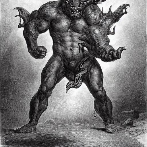 Image similar to full body grayscale drawing by Gustave Dore of muscled humanoid balrog beast with horns in heroic pose, swirling flames in background