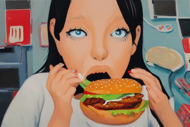 Prompt: painting of girl eating a hamburger, anime, cluttered, electronics, wire, dark lighting