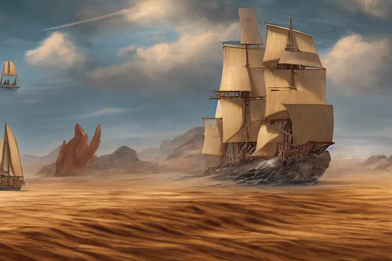 Prompt: clipper ship sailing through a sand desert, firing broadside at hovering ufo, surrounded by sand, sand, desert, clean sails, torn sails, illustration, fantasy novel cover art