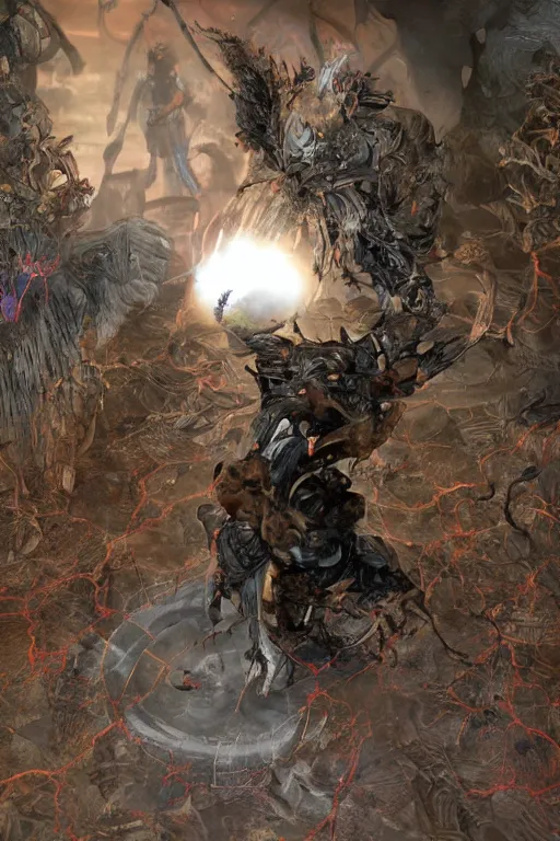 Image similar to Path of Exile, [Sirius], clear [[bronze]] face [mask], luminous red eyes, male image with [bronze] black bloody armor, sitting on the throne, inside the ruined gothic church, black shadows, red lasers, dark red bloody fog, black-grey smoky tornadoes fly around, [[blood]], Anachronism, painting, dark fantasy, steampunk, 4k, perfect quality,