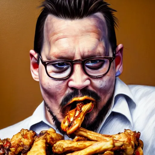 Prompt: ( hyperrealistic portrait of fat greasy dirty johnny depp eating chickenwings, on a filthy table filled with dirty plates ) by noah bradley, photorealistic, dynamic lighting, very detailed faces, trending on artstation, wallpaper, dream, 4 k, award winning, lovely pastel colors, ethereal, elegant