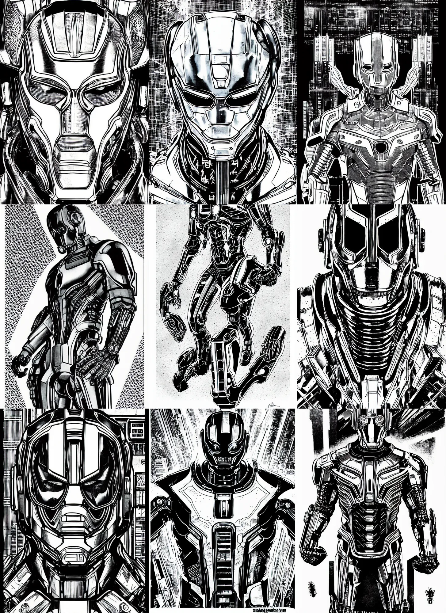 Prompt: ultron, portrait, cyberpunk 2 0 2 0 manual, by steampoweredmikej, inktober, ink drawing, black and white, coloring pages, manga, highly detailed