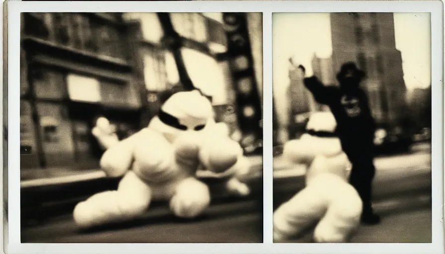 Prompt: the stay - puft marshmallow man breakdancing in harlem, new york, grainy, grungy, polaroid photograph, vintage, scanned