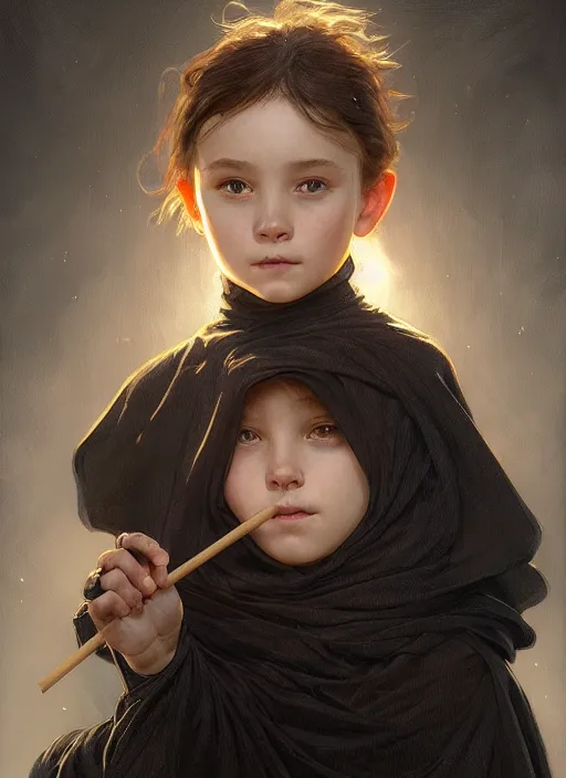 Image similar to perfectly - centered - portrait of a kid wearing black cloak holding stick, intricate, highly detailed, digital painting, artstation, concept art, smooth, sharp focus, illustration, unreal engine 5, 8 k, art by artgerm and greg rutkowski and alphonse mucha