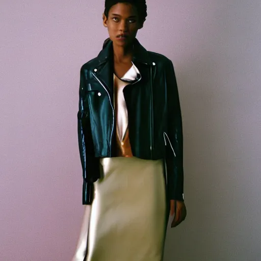 Image similar to realistic photoshooting for a new acne studio lookbook, color film photography, portrait of a beautiful woman, model wearing a leather jacket, by photo in style of tyler mitchell, 3 5 mm,