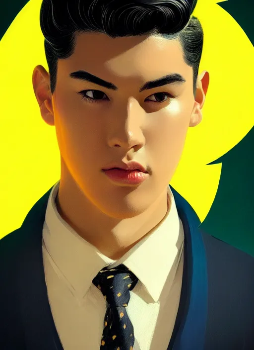 Image similar to portrait of young reggie mantle, mean smirk, egotistical, slicked back hair, striped yellow and black sweater, 1 9 5 0 s, intricate, elegant, glowing lights, highly detailed, digital painting, artstation, concept art, smooth, sharp focus, illustration, art by wlop, mars ravelo and greg rutkowski