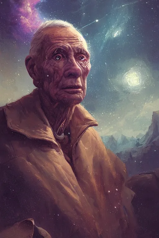 Prompt: the look of an elderly person full of wrinkles and imperfections by artgem and greg rutkowski, highly detailed, high contrast, light reflection, trippy, nebula, trending on artstation