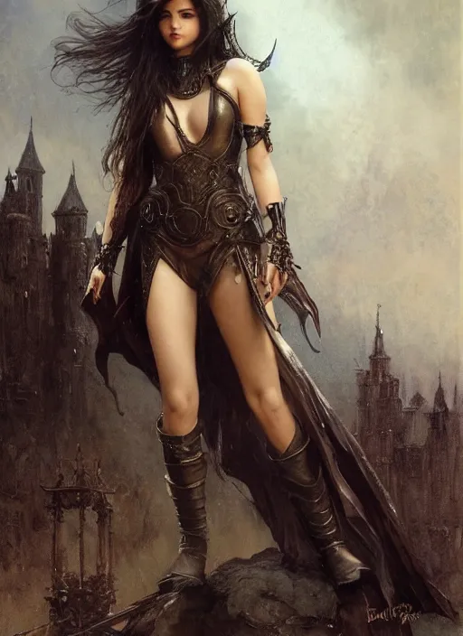 Image similar to a young beautiful mischievous devious selena gomez wearing leather medieval armor, bare legs, detailed, by gaston bussiere, bayard wu, greg rutkowski, giger, maxim verehin, greg rutkowski, masterpiece, sharp focus, cinematic lightning