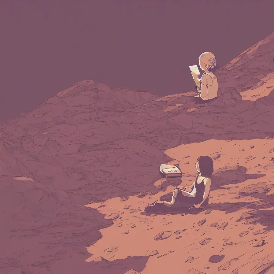 Image similar to very detailed, prophet graphic novel, ilya kuvshinov, mcbess, rutkowski, simon roy, illustration of a girl sitting alone on the surface of mars while staring at her phone, wide shot, colorful, deep shadows, astrophotography, award winning