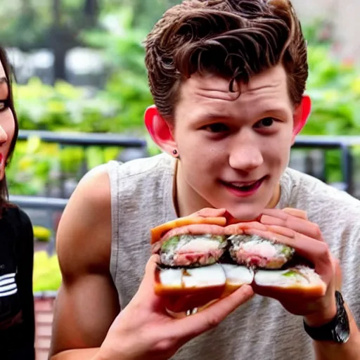 Image similar to Tom Holland eating spam musubi with a Filipina college girl