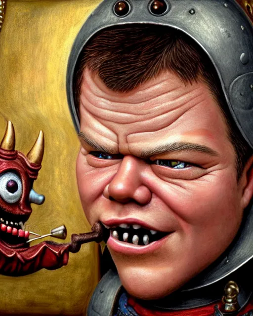 Image similar to highly detailed closeup, face profile portrait of a tin toy matt damon as a medieval demon with horns eating cakes in a castle, hyper realistic, artstation, illustration, nicoletta ceccoli, mark ryden, lostfish, dan decarlo, bob clampett, max fleischer, digital paint, matte paint, vivid colors, detailed and intricate environment