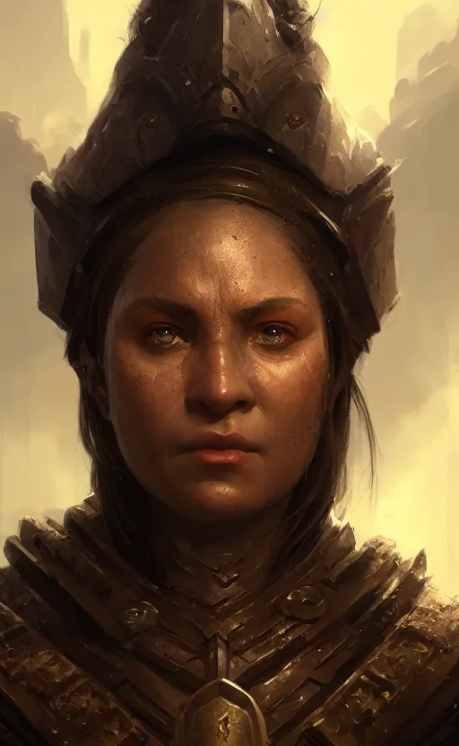 Image similar to masterpiece closeup portrait of a Dwarven woman with dark black skin, brown eyes, wearing armor, by Greg Rutkowski, 4k, matte painting, dungeons and dragons, detailed