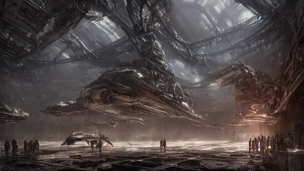 Prompt: a Photorealistic dramatic hyperrealistic,hyper detailed render by Greg Rutkowski,Craig Mullins,Nicolas Bouvier SPARTH, Juan Gimenez,Enki Bilal,ILM of an Epic Sci-Fi, Gigantic Alien xenomorph spaceship inside huge interior hangar,intricate bio mechanical surface details,many tubes and cables hanging from the ceiling,Beautiful dynamic dramatic dark moody lighting,contrast and shadows,Volumetric,Cinematic Atmosphere,Octane Render,Artstation,8k