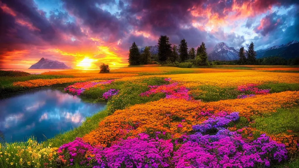 Image similar to amazing landscape photo of a flower bed with lake in sunset by marc adamus, beautiful dramatic lighting