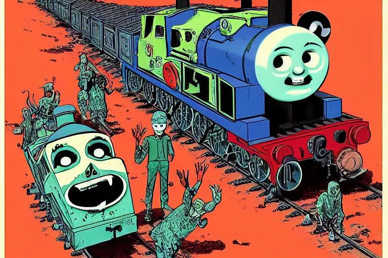 Prompt: zombie apocalypse thomas the tank engine, risograph artwork by moebius and alex ross, intricately deteailed, trending on artstation