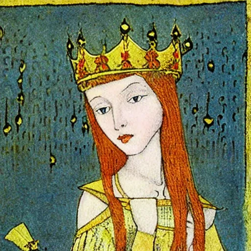 Prompt: beautiful young medieval queen by dorothy lathrop