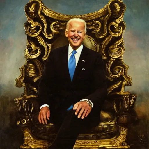 Prompt: Joe Biden sitting on his throne of skulls and smiling, oil on canvas, 1883