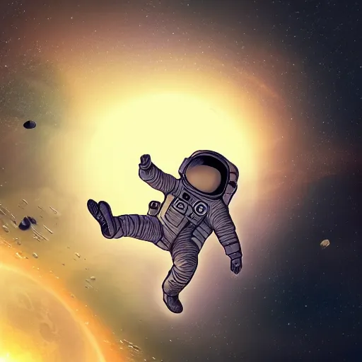 Prompt: astronaut drifting afloat in space, in the darkness away from anyone else, alone, digital render, detailed illustration, black background dotted with stars, concept art, realistic, 8 k