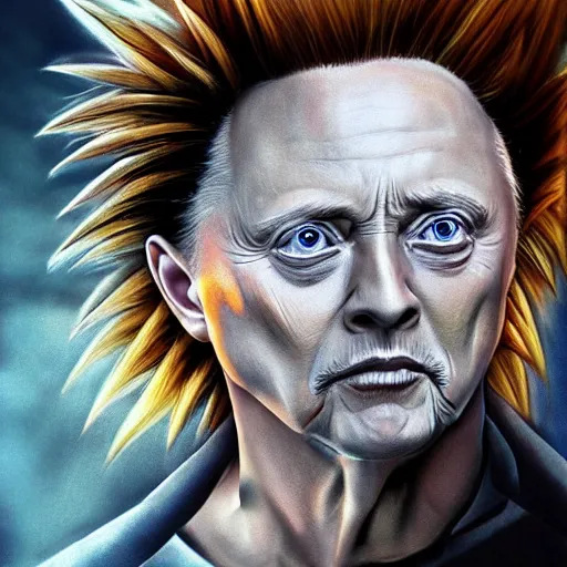 Prompt: photorealistic, portrait, super saiyan christopher walken