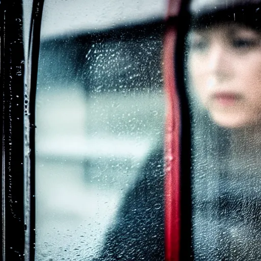 Image similar to Cinematic portrait photo of a woman looking through the window of a bus on a rainy day, long exposure