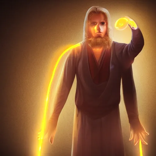 Image similar to a male wizard, glowing, frontal view, cool looking, high resolution