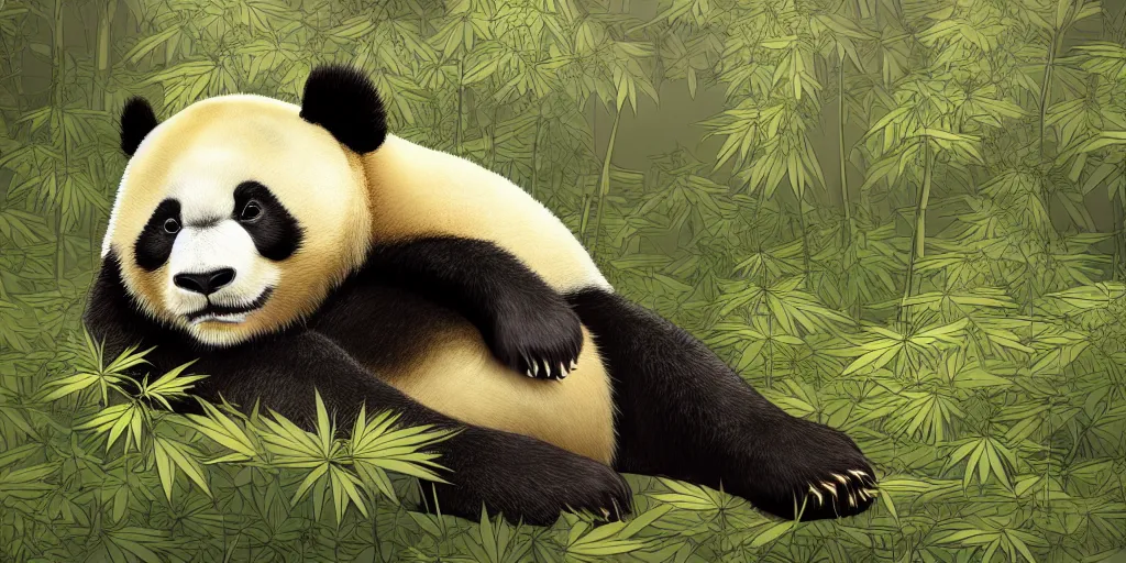 Image similar to beautiful aesthetic digital illustration of a relaxed panda surrounded by an endless forest of weed wlop and Julia Razumova, realistic, photorealistic, hyperrealistic, unreal engine, octane, deviantArt, trending on artstation, artstation HQ